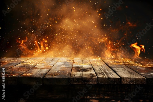 wooden table with fire burning, light smoke and golden sparks floating in the air 