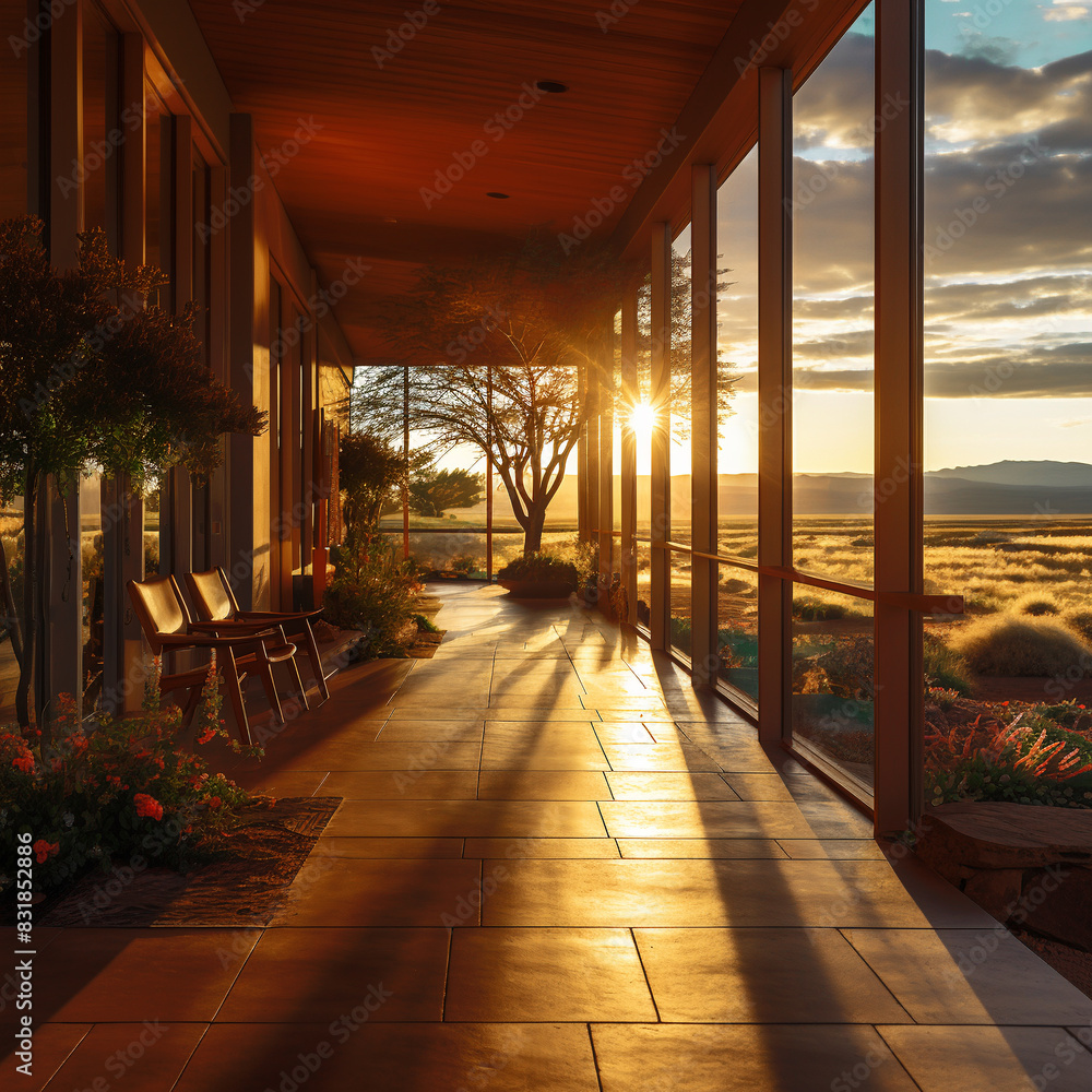 A Beautiful Photography of Serene Rural Architecture Preparation with garden that simple minimalist and modern looks in the sunset time. Suitable for various formats including posters, brochures A Beautiful Photography of Serene Rural Architecture Preparation with garden that simple minimalist and modern looks in the sunset time. Suitable for various formats including posters, brochures