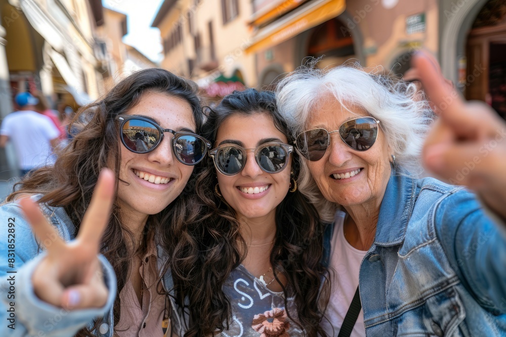 A trio of fashionably dressed elderly women taking smartphone selfies on an outdoor trip - happy elderly people strolling along city streets together - with the lifestyle concept of hanging out with m A trio of fashionably dressed elderly women taking smartphone selfies on an outdoor trip - happy elderly people strolling along city streets together - with the lifestyle concept of hanging out with m