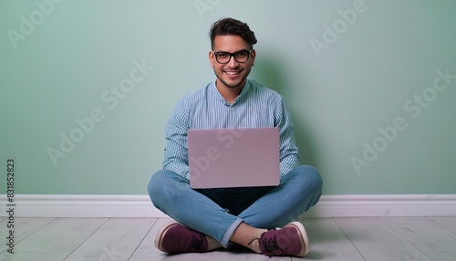 Smiling young man sitting on the floor with her legs crossed holding a laptop computer, pastel background. Student. Male office worker © Marko