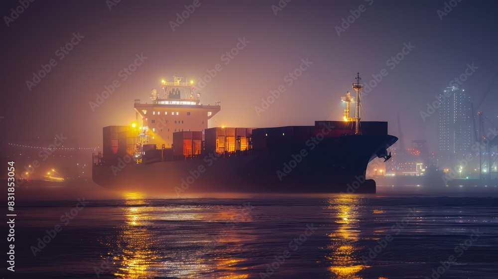 An atmospheric photo of a container cargo freight ship illuminated by the glow of city lights at night, symbolizing the continuous flow of global trade. An atmospheric photo of a container cargo freight ship illuminated by the glow of city lights at night, symbolizing the continuous flow of global trade.