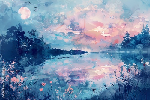 A dreamy landscape painted in rich watercolors  featuring a serene lake reflecting the ethereal glow of a two-mooned sky  with delicate flora and fauna adding a touch of whimsy to the tranquil scene