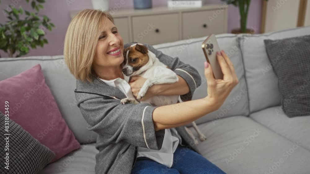 A mature woman taking a selfie with her small dog in a cozy living room, capturing their joyful moment A mature woman taking a selfie with her small dog in a cozy living room, capturing their joyful moment