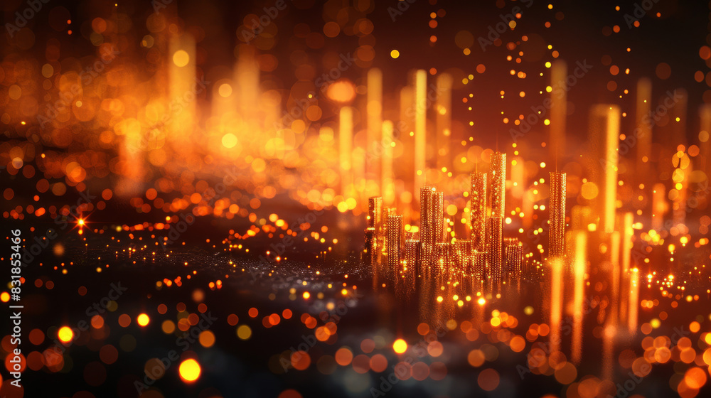 An artistic blend of gold textures and stock market symbols, set against a background of twinkling bokeh lights, evoking a sense of luxury and financial markets