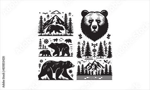 Bear Icon Vector illustration White Background-Bear Icon Vector Files for Cutting, Handmade calligraphy vector illustration, Black and white graphic illustration isolated on white background Hand writ
