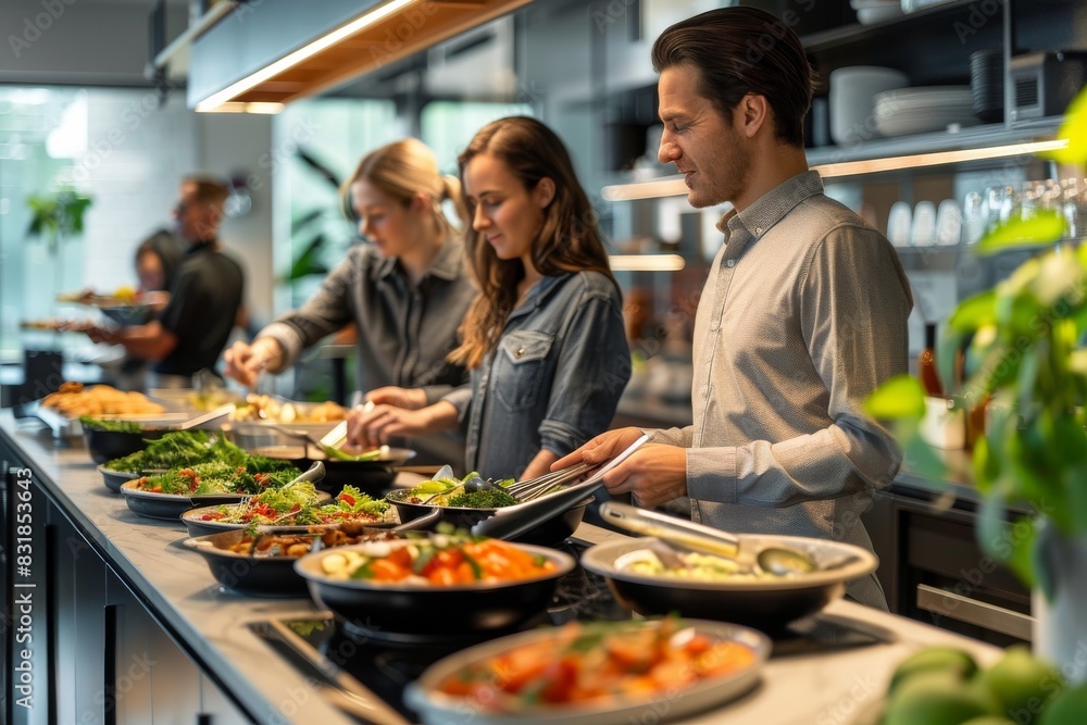 A group of people are gathered around a buffet table filled with food A group of people are gathered around a buffet table filled with food