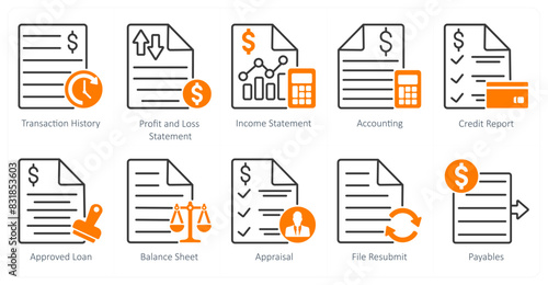 A set of 10 banking icons as transaction history, profit ans loss statement, income statement