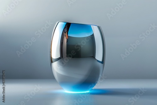 A sleek  metallic silver vase with neon blue light accents  featuring a smooth  reflective surface and an asymmetrical shape