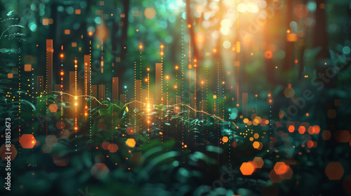 A stylized depiction of business graphs and eco symbols intertwined with glowing bokeh effects, highlighting the balance between economic growth and environmental responsibility photo