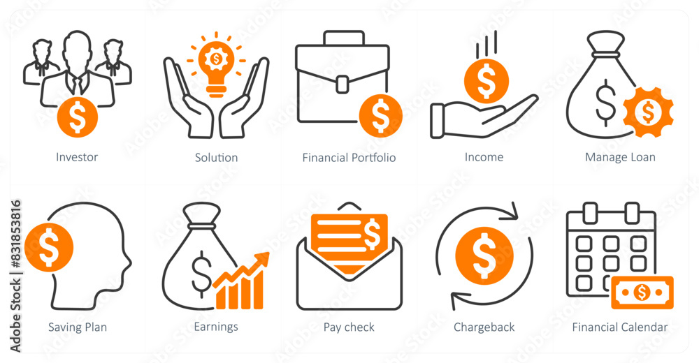 A set of 10 banking icons as investor, solution, financial portfolio A set of 10 banking icons as investor, solution, financial portfolio