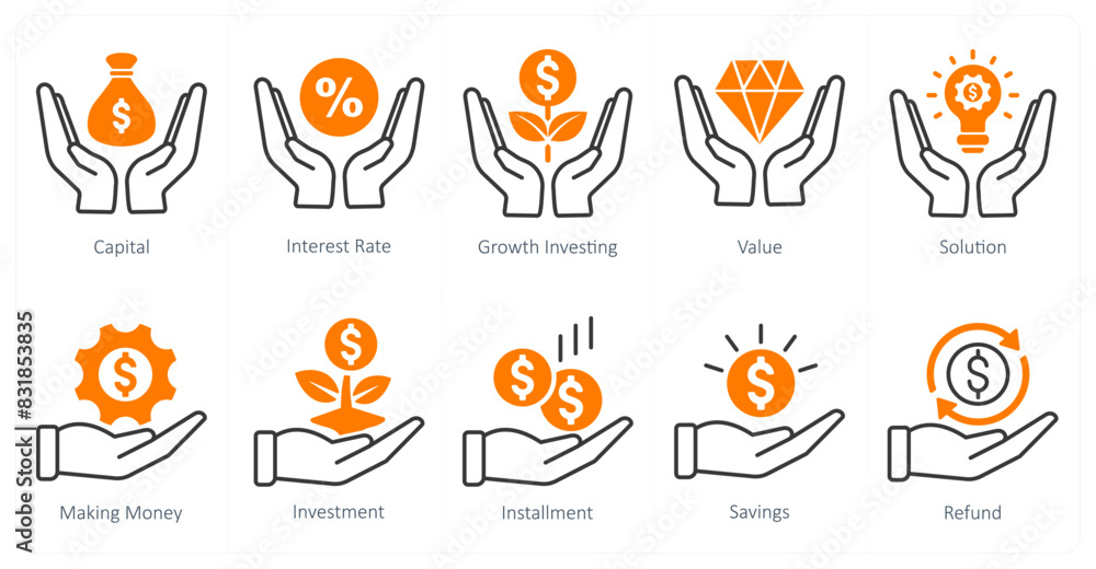 A set of 10 banking icons as capital, interest rate, growth investing