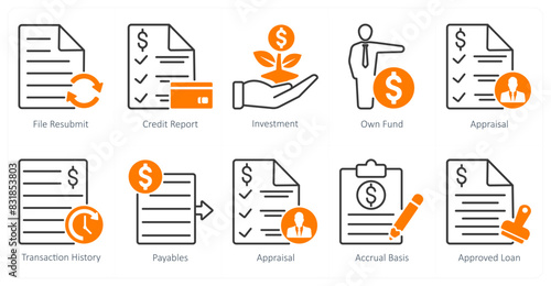 A set of 10 banking icons as file resubmit, credit report, investment