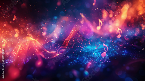Abstract music notes intertwined with colorful bokeh lights on a dark background, creating a vibrant and dynamic composition photo