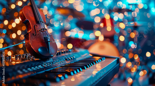 A stylized depiction of musical instruments surrounded by soft bokeh lights, blending abstract shapes and glowing colors photo