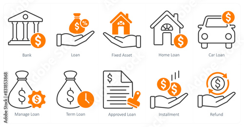 A set of 10 banking icons as bank, loan, fixed asset