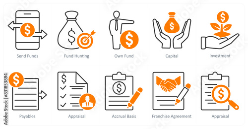 A set of 10 banking icons as send funds, fund hunting, own fund