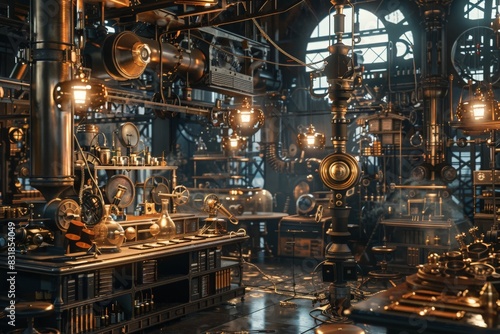 Design an intricate steampunk workshop filled with brass gears, steam engines, and Victorian-era computers photo