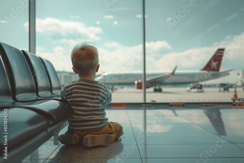 Little baby boy waiting boarding to flight in airport transit hall and looking through the window at airplane near departure gate. Active family lifestyle, travel by air with child on summer vacation