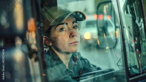 An urban portrait of a female truck driver photographed through the window of her rig, her expression determined as she maneuvers through city traffic.