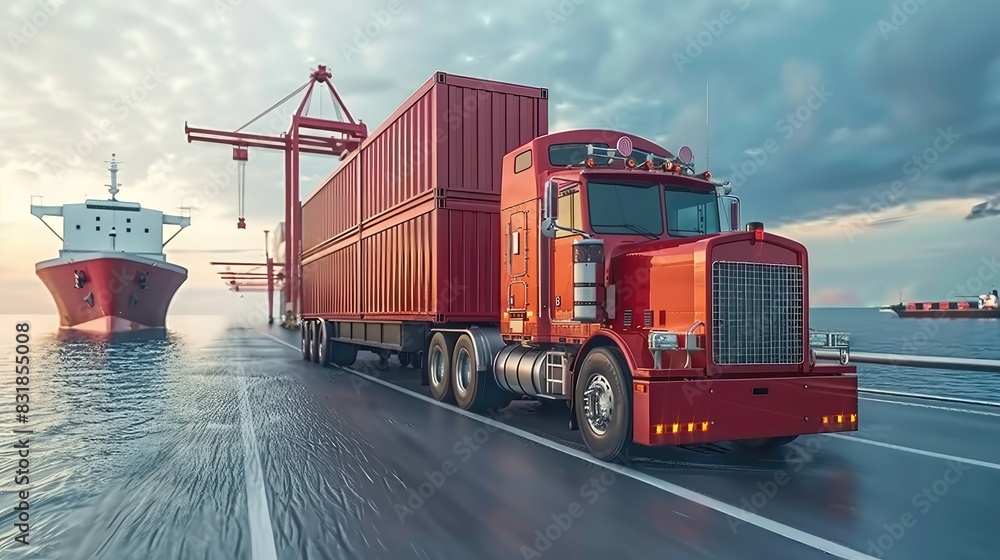 A red semi truck is driving down a road next to a large ship A red semi truck is driving down a road next to a large ship