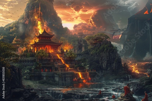 A temple where monks meditate at the convergence of four biomes – a fiery volcano, a serene lake, a whispering forest, and a stormy sky – each biome housing its own elemental spirit photo