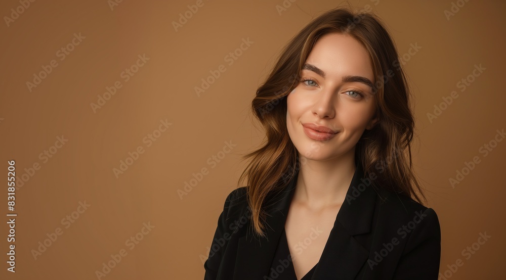 Fototapeta premium portrait of a beautiful young business woman smiling in a black suit on a dark background