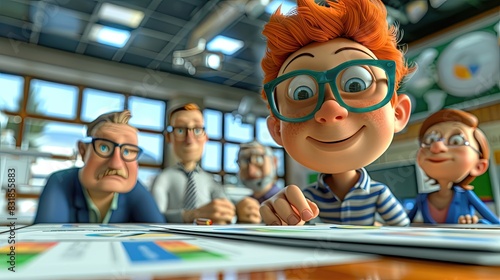 A cartoonish scene of a group of people, including a boy with glasses photo