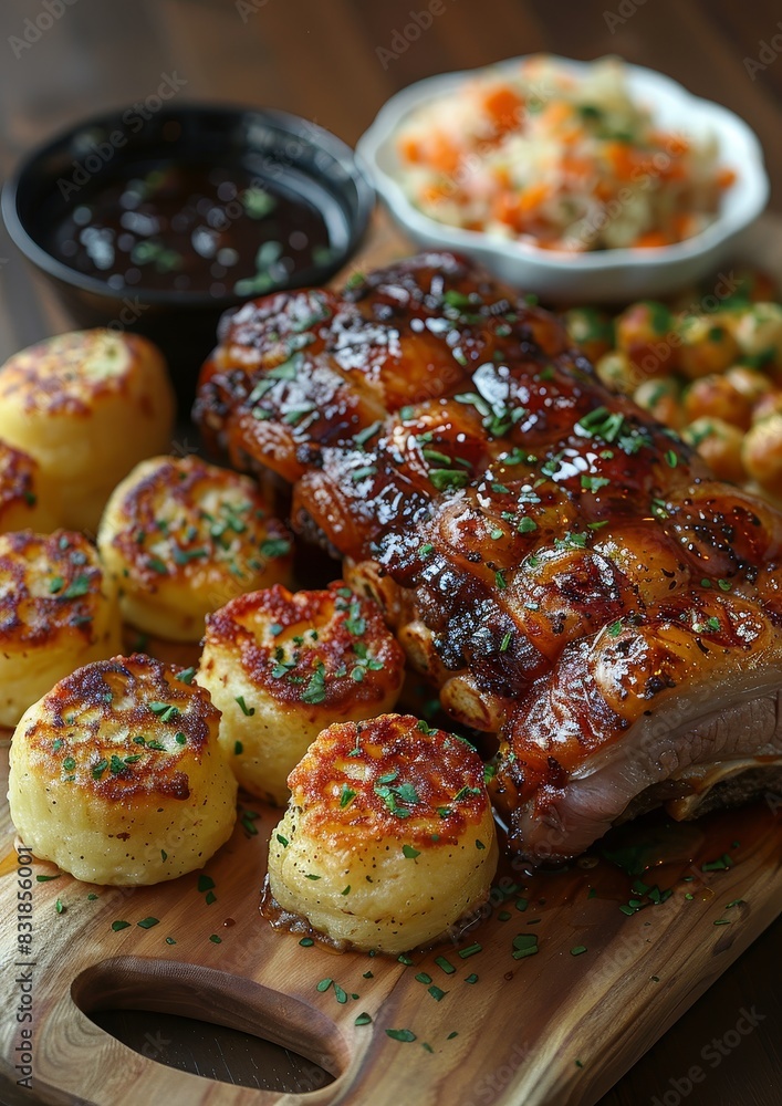 Schweinshaxe - Roasted pork knuckle with crackling skin, served with dumplings and sauerkraut. Schweinshaxe - Roasted pork knuckle with crackling skin, served with dumplings and sauerkraut.