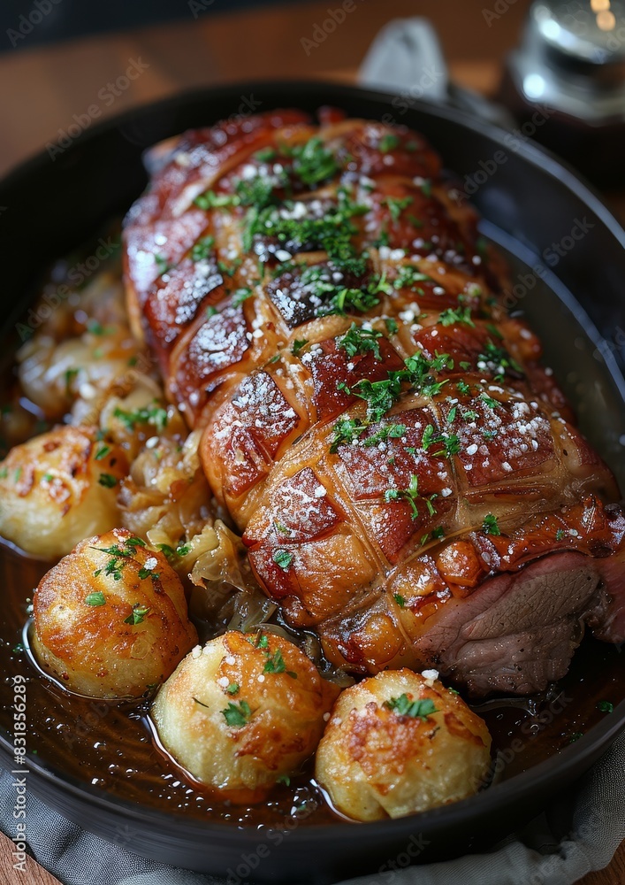 Schweinshaxe - Roasted pork knuckle with crackling skin, served with dumplings and sauerkraut. Schweinshaxe - Roasted pork knuckle with crackling skin, served with dumplings and sauerkraut.