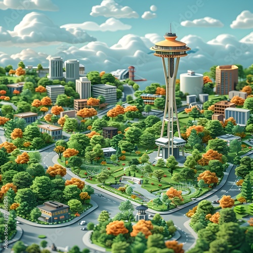 Isometric D Cartoon Celebrating Seattles Iconic Space Needle and Surrounding Parks Expressing Love for the United States photo