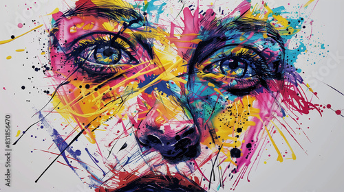 Intense stains of paint are visible in the expressive drawing of a human face. This psychedelic portrait exudes energy and life  attracting the viewer s attention with its extravagant form.