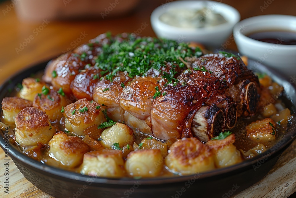 Schweinshaxe - Roasted pork knuckle with crackling skin, served with dumplings and sauerkraut. Schweinshaxe - Roasted pork knuckle with crackling skin, served with dumplings and sauerkraut.
