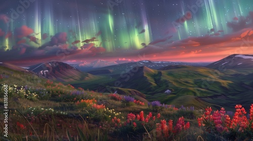 A remote tundra with rolling hills and vibrant wildflowers unfolds under the mesmerizing aurora borealis. photo