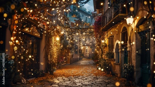 Charming narrow alleyway illuminated with string lights, cobblestone street, and vintage lanterns creating a magical evening ambiance.