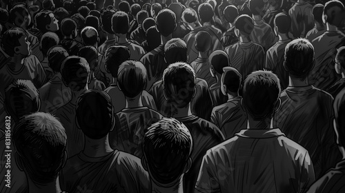 The black and white cartoon illustration shows a crowd of people whom we only see from behind. Everyone is gray and the space is densely filled.