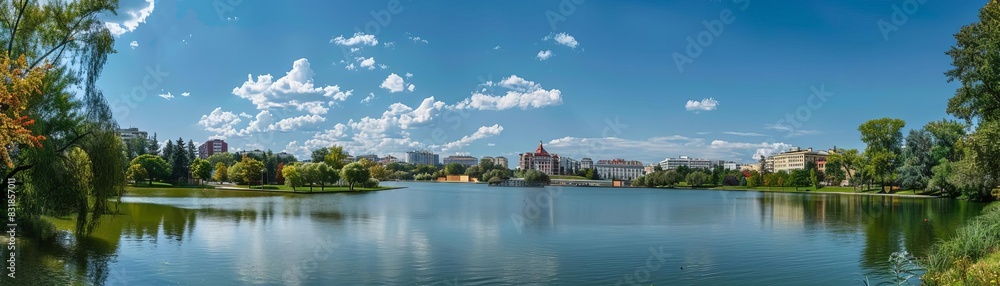 Panoramic view of a serene lake with surrounding trees and buildings under a clear blue sky with clouds.
