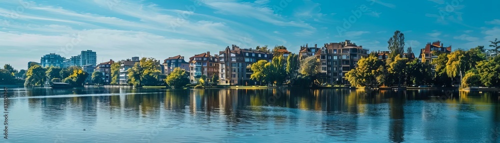 Fototapeta premium Scenic view of a serene lake with reflections of residential buildings and lush green trees under a blue sky with wispy clouds.