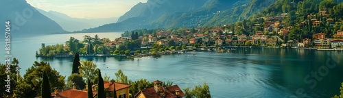 Scenic view of a peaceful lakeside town with lush greenery, tranquil water, and majestic mountains in the background under a clear sky. photo