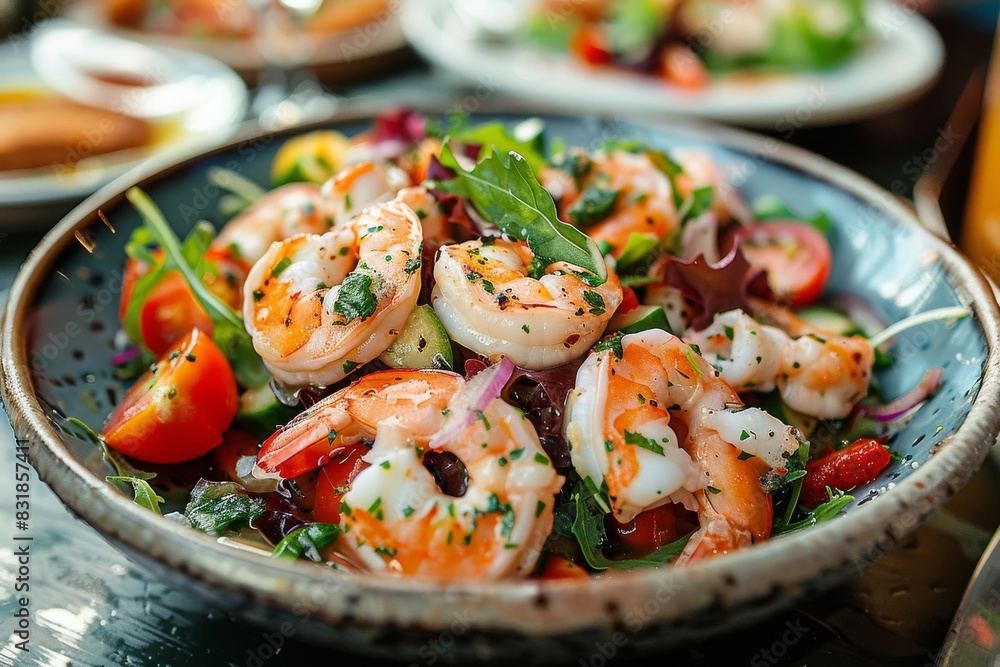 A plate of shrimp and tomatoes with onions and lemon A plate of shrimp and tomatoes with onions and lemon
