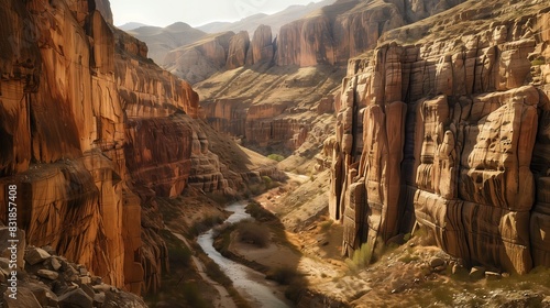 An ancient canyon, sculpted by millennia of erosion, features surreal rock formations and a winding river.