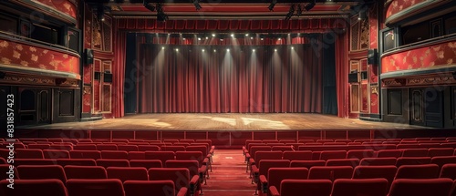 Beautiful empty theater with red seats and stage lighting, creating a dramatic and elegant atmosphere for performances and events.