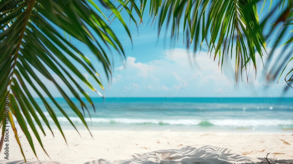 Capture the essence of tropical paradise with a photo featuring a clean beach with soft white sand, palm tree leaves framing the scene, illuminated by sunlight against a backdrop of clear blue skies.