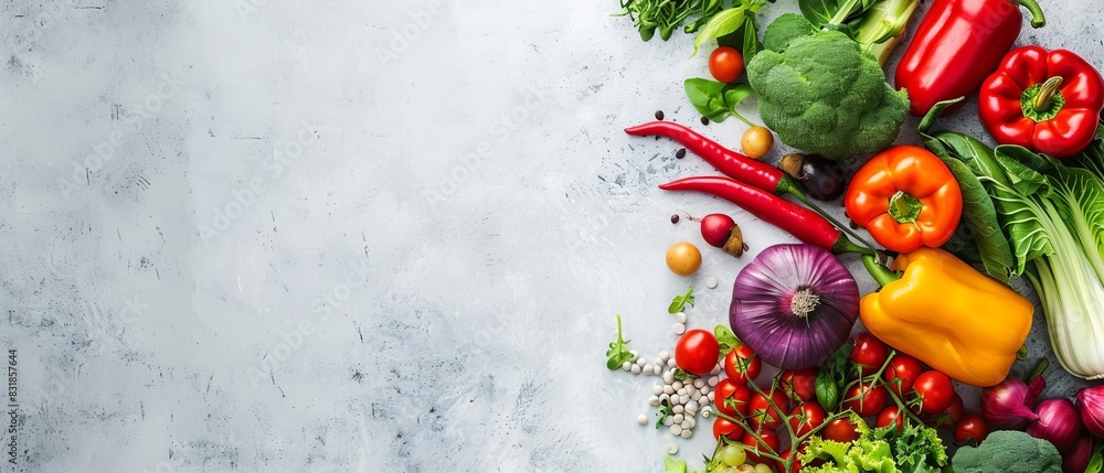 A colorful assortment of fresh vegetables on a light background, showcasing a variety of healthy and organic produce including peppers and greens.