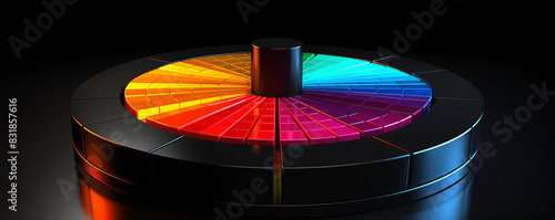 A modern, minimalistic pie chart with each segment designed in a different neon color, such as bright red, yellow, and blue, against a dark background. photo