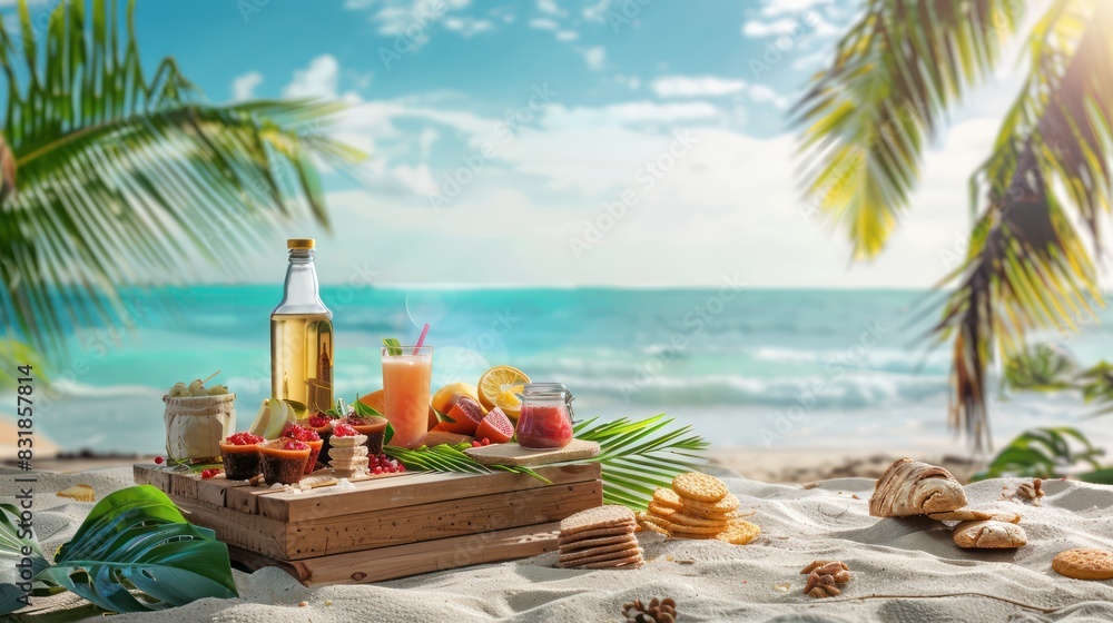 Obraz premium Showcase the joy of beachside picnics with a photo featuring a wooden podium displaying summer picnic products like snacks, drinks, and picnic blankets,