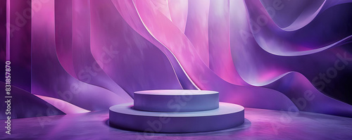 Showcase a luxury product on a sleek stand set against a studio backdrop of minimalist geometric shapes in shades of violet and purple. The stage enhances the abstract design.
