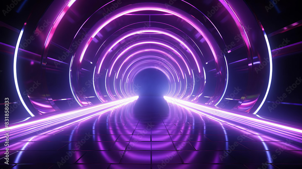 Futuristic neon tunnel with glowing purple and pink lights creating a ...