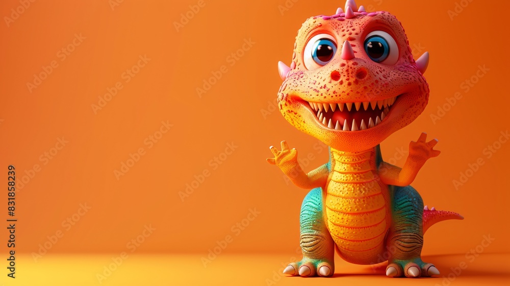 A delightful 3D cartoon art toy of a smiling dinosaur, standing on its hind legs with tiny arms waving. The dinosaur has bright, colorful scales and a happy face. The background is a solid pastel