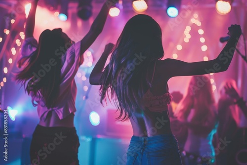 Young ladies enjoying a fun night out together. Dancing at a live music gig