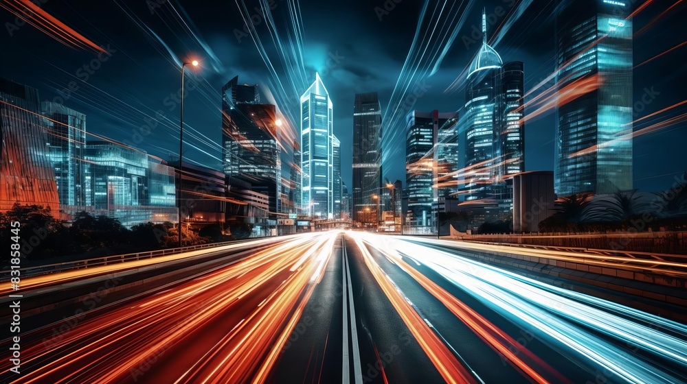 Obraz premium A modern cityscape with light trails from cars at night,